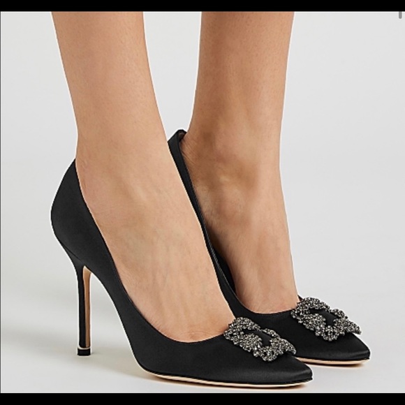 MANOLO BLAHNIK Bejeweled Blk Satin Stiletto Pumps - Picture 11 of 13